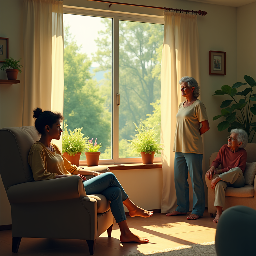 Three generations, a young woman, middle-aged woman, and elderly woman, are in a sunlit living room.
