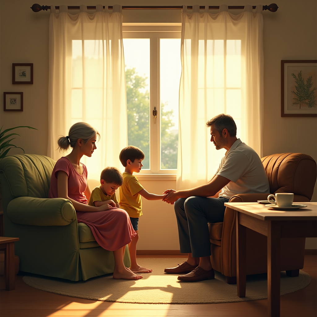 A family of four sits together in a warmly lit living room, hands clasped in prayer near a window.