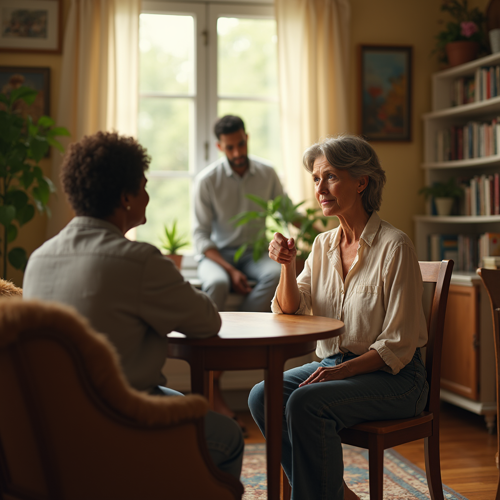 Two women and a man sit around a small table in a sunlit room filled with plants and bookshelves.
