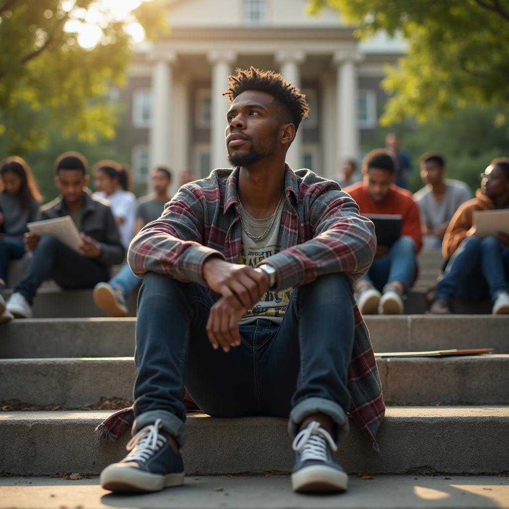 A young man with textured hair sits on steps, gazing upwards, with students in the background.
