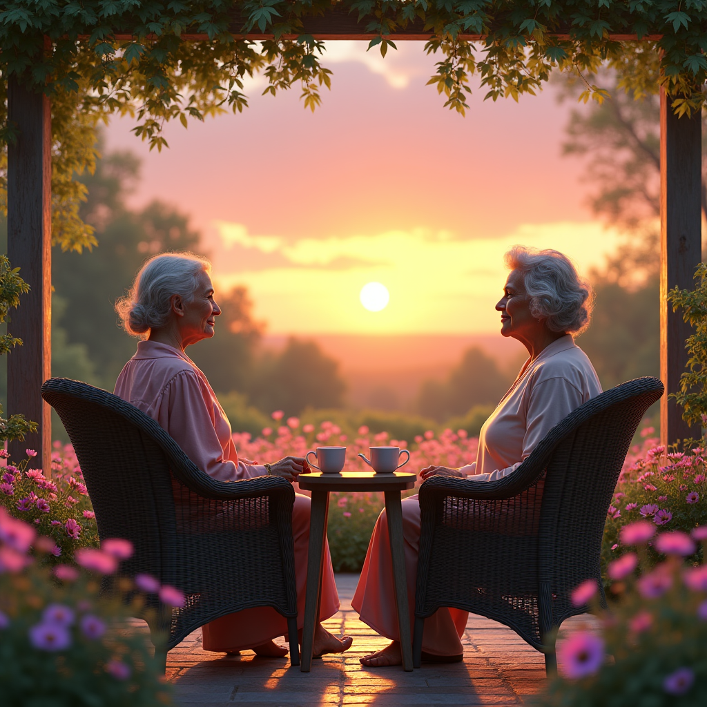 Two older women sit facing each other in wicker chairs beneath a leafy pergola, enjoying a sunset.