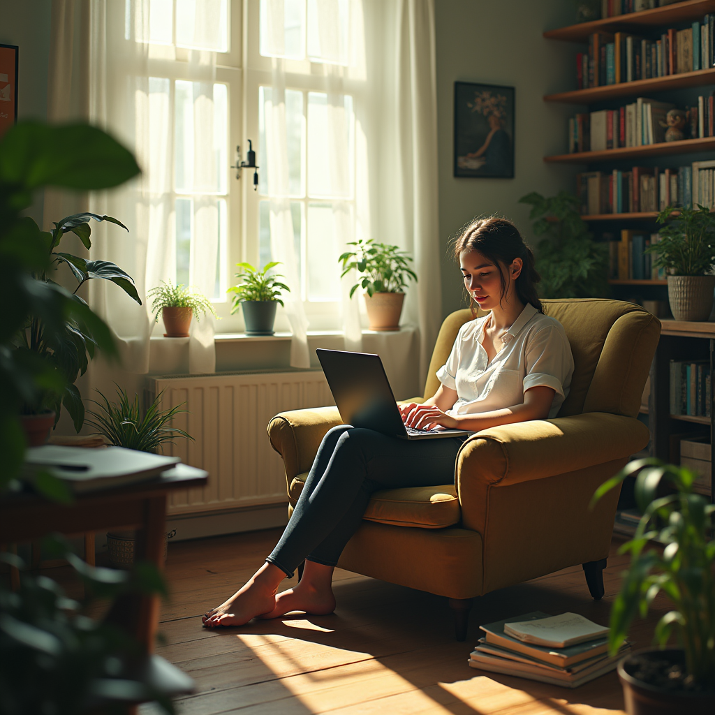 A young woman sits on a mustard armchair using a laptop in a sunlit room filled with plants and bookshelves.