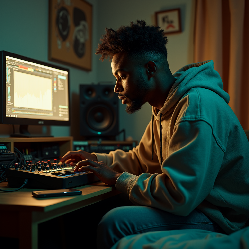 A young man with a fade haircut works on music production equipment in a dimly lit studio.