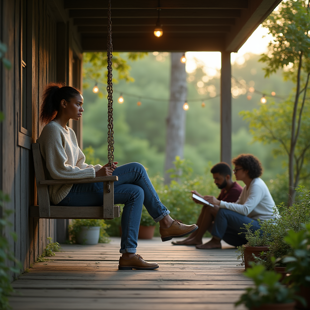 A woman sits on a porch swing, while two people read nearby on a wooden porch.