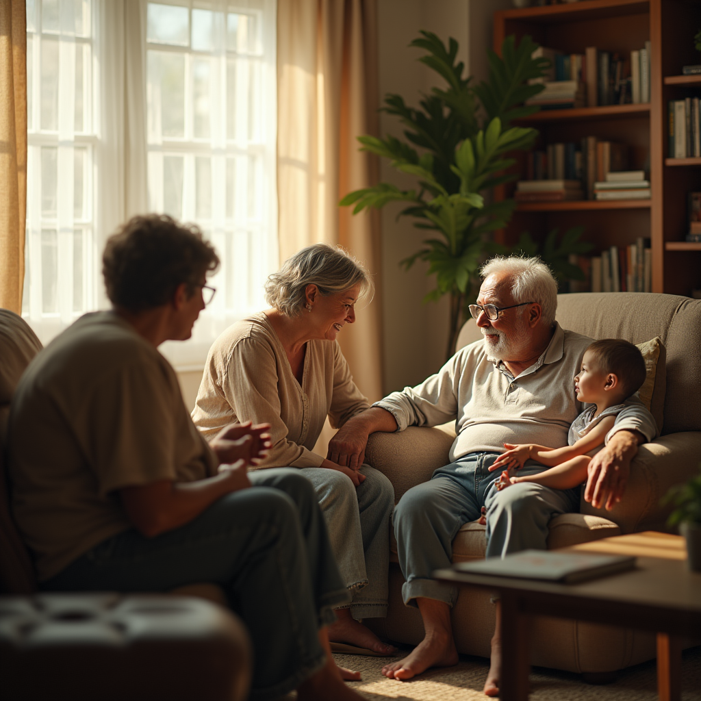 Four people engage in conversation in a sunlit living room with a large window and bookshelves.