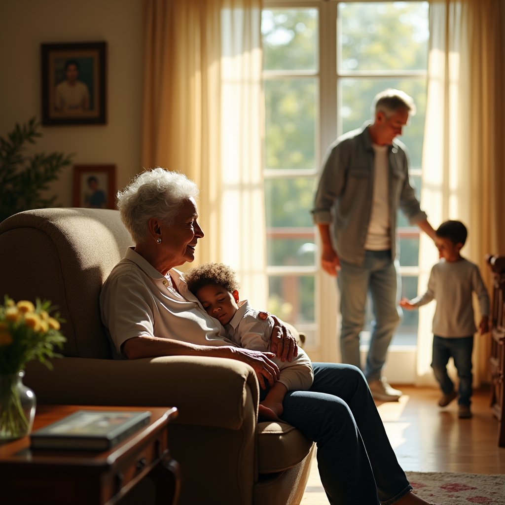 An elderly woman holds a sleeping child on a couch, while a man and young boy are in the background.