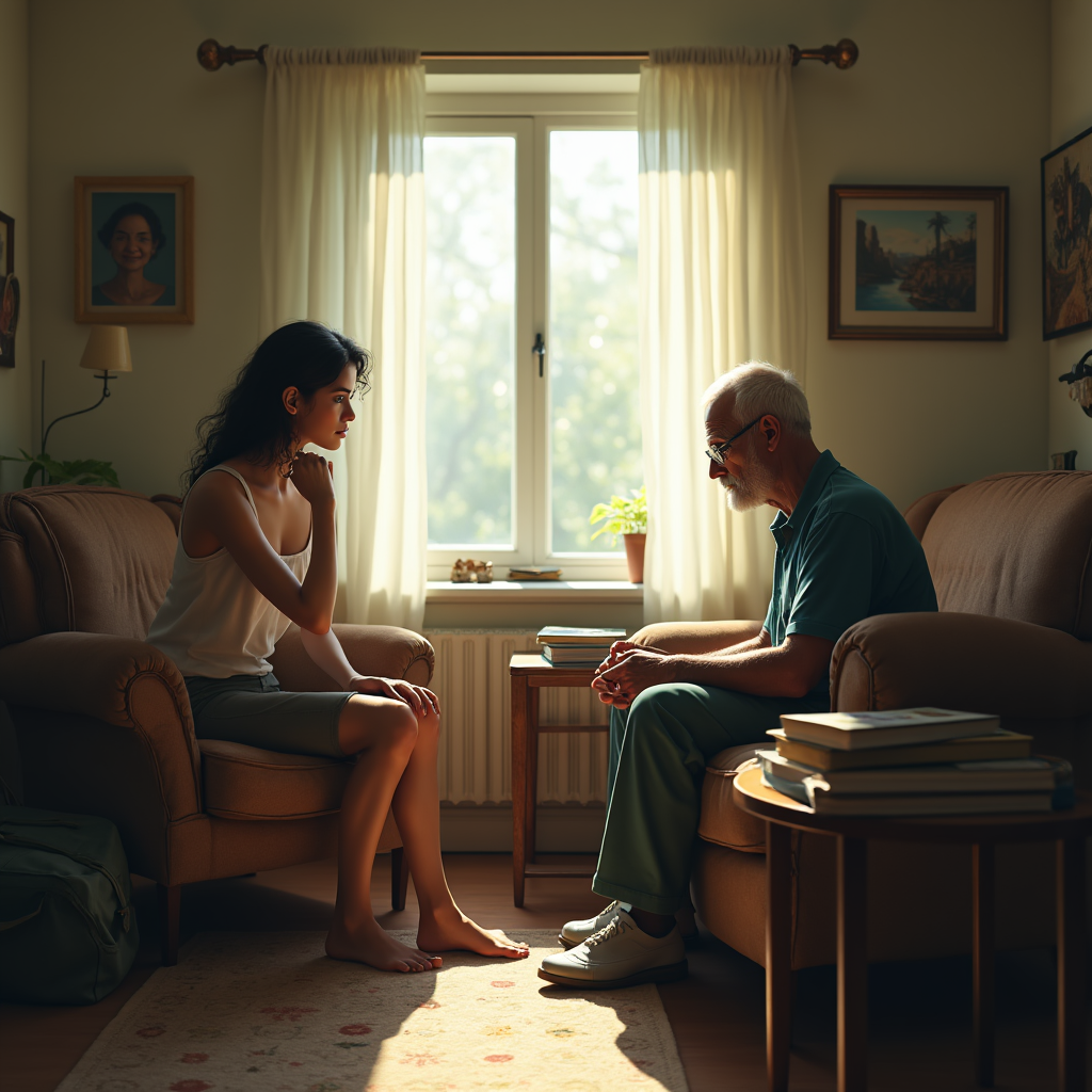 Two people sit in armchairs, facing each other in a warmly lit living room with sunlight streaming through a window.