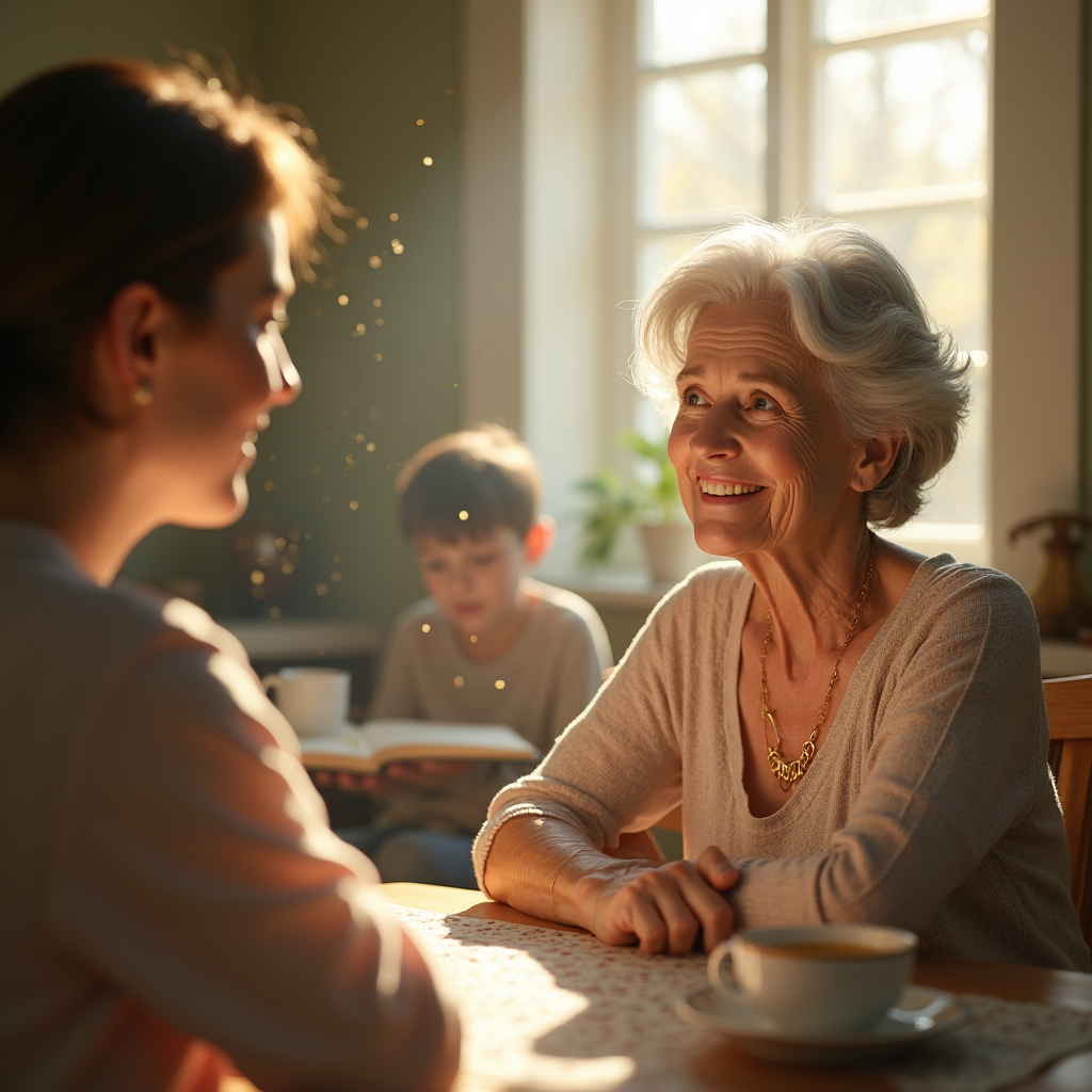 Three people sit at a table, enjoying warm light filtering through a nearby window.