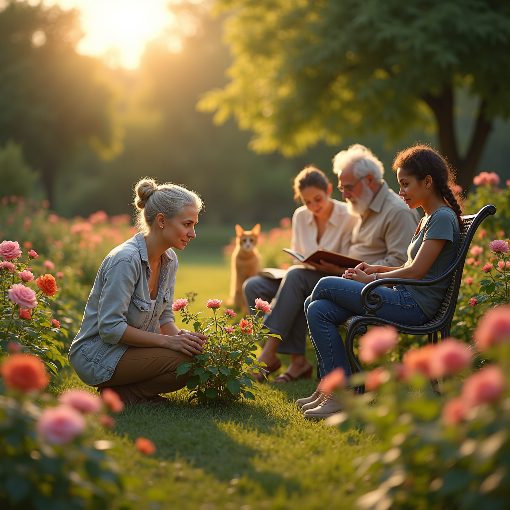 A woman kneels among roses while an elderly couple and their daughter relax nearby, with a dog observing.