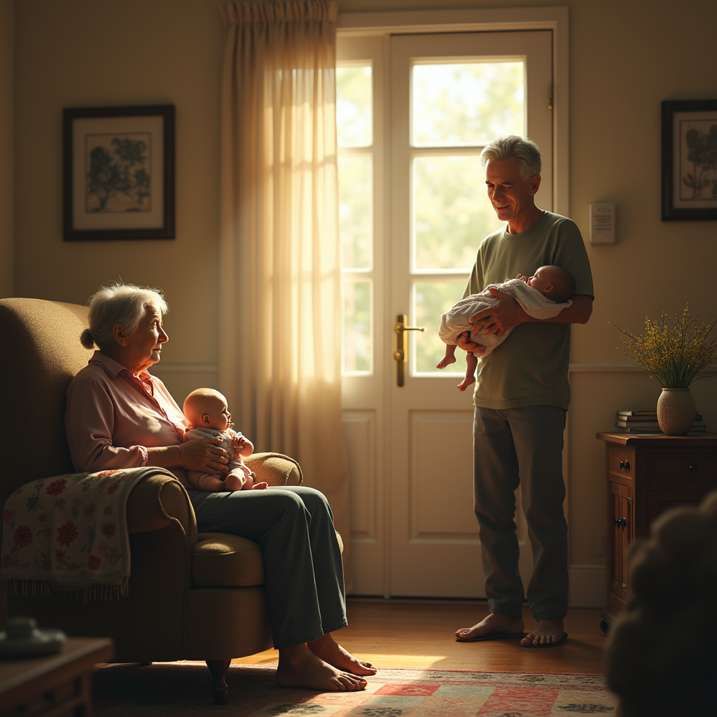 An elderly couple warmly interacts with a baby in a sunlit living room with framed art and a patterned rug.