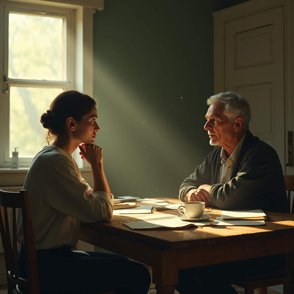 An older man and young woman sit across from each other at a table covered in papers, with a window providing soft light.
