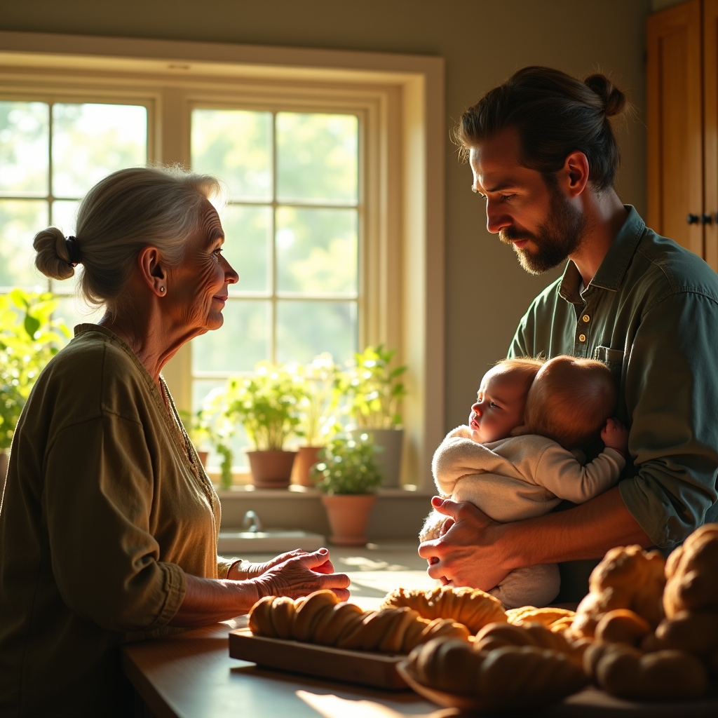 A multigenerational group in a sunlit kitchen, with a baby held by a man while an elderly woman looks on.