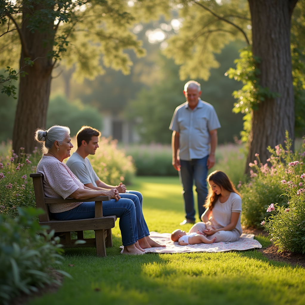 A multigenerational family enjoys a peaceful moment on a blanket and bench in a sun-dappled park.