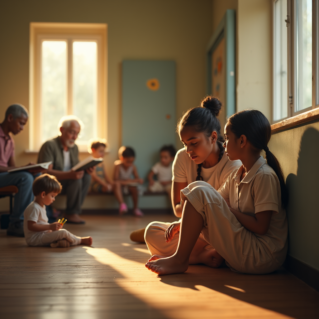 Two girls sit near a wall as adults and young children read books in a sunlit room.