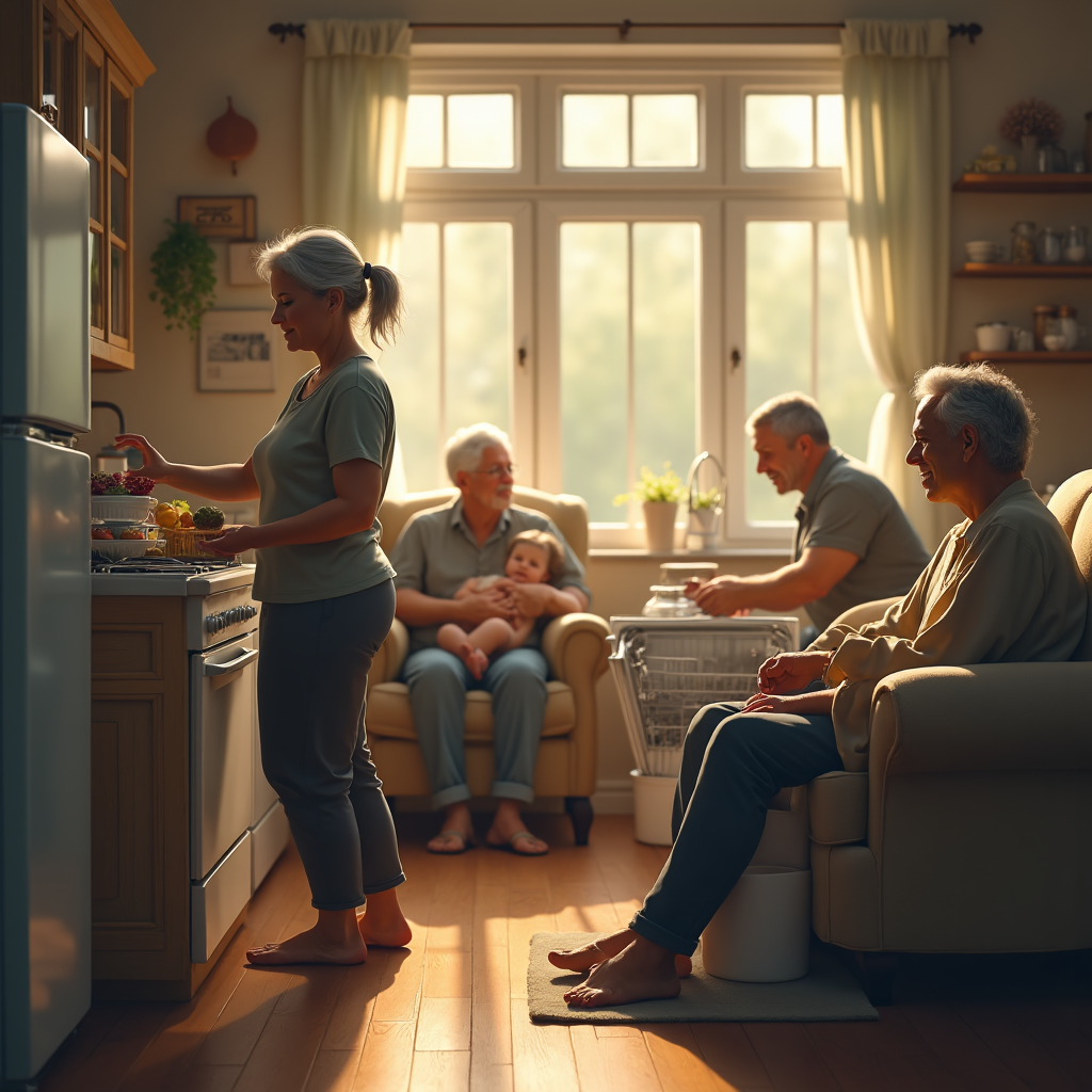 A woman prepares food in a warm, sunlit kitchen, while an elderly couple and a baby relax nearby.