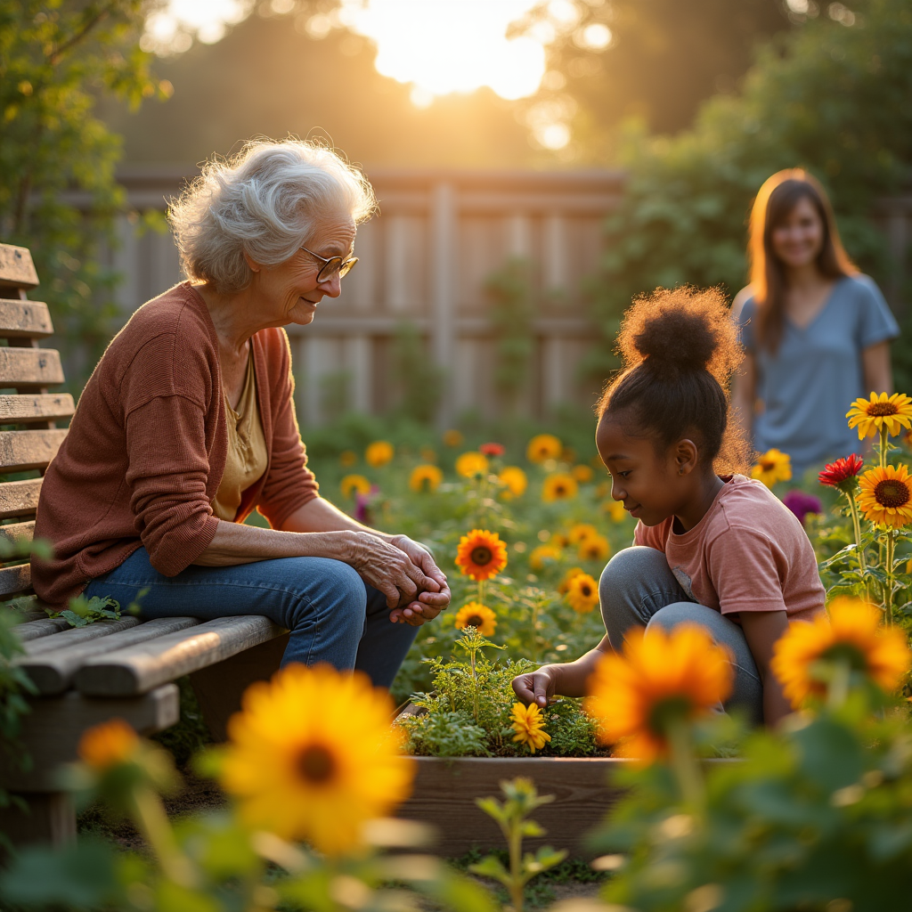 An elderly woman and young girl interact in a sunflower garden, with a younger woman blurred in the background.