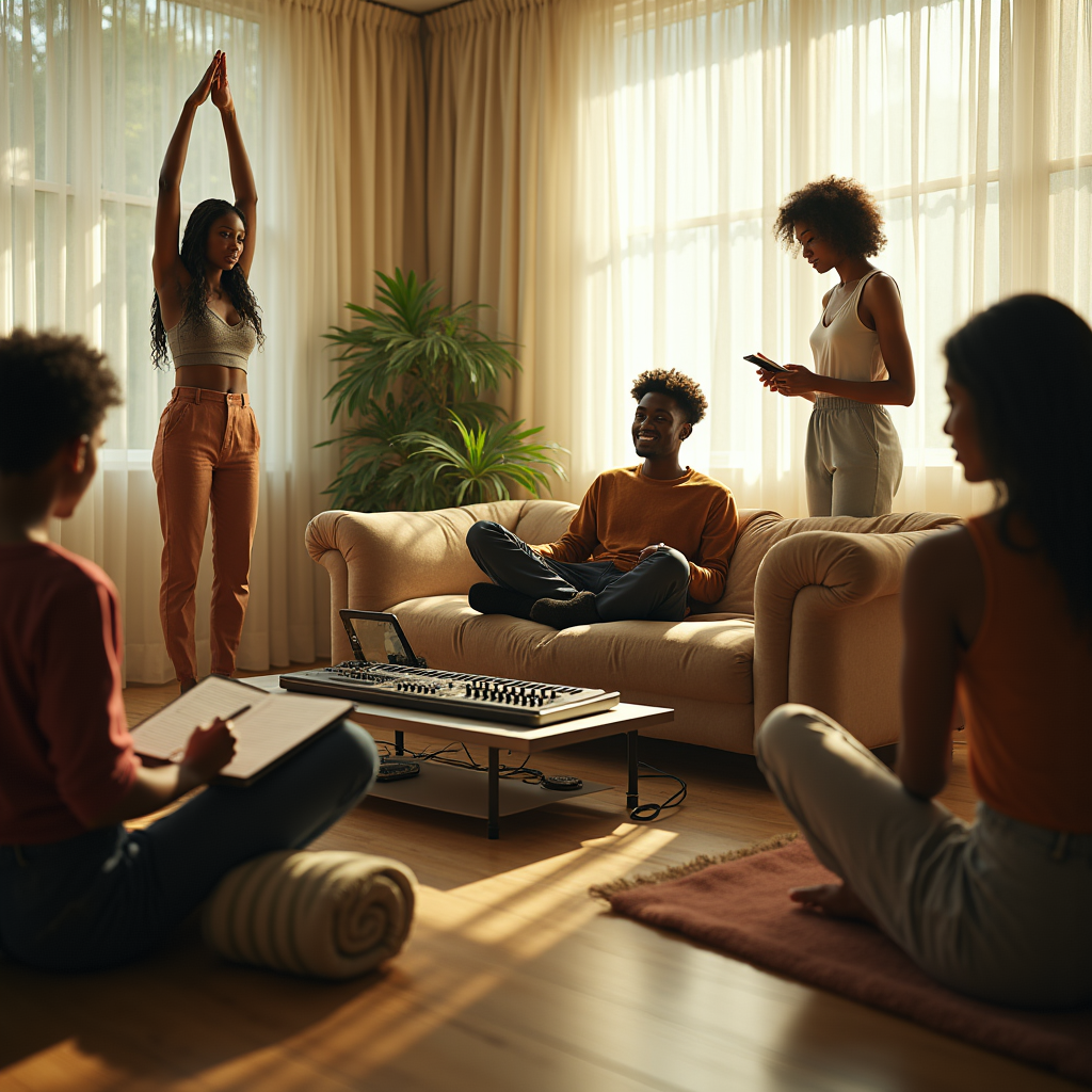 Four young adults relax in a sunlit living room with musical equipment and yoga props.
