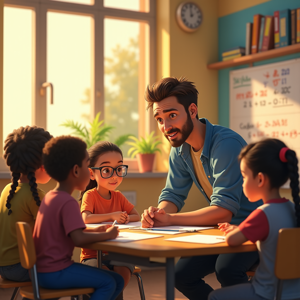 A young teacher smiles at four students seated around a desk in a sunlit classroom.