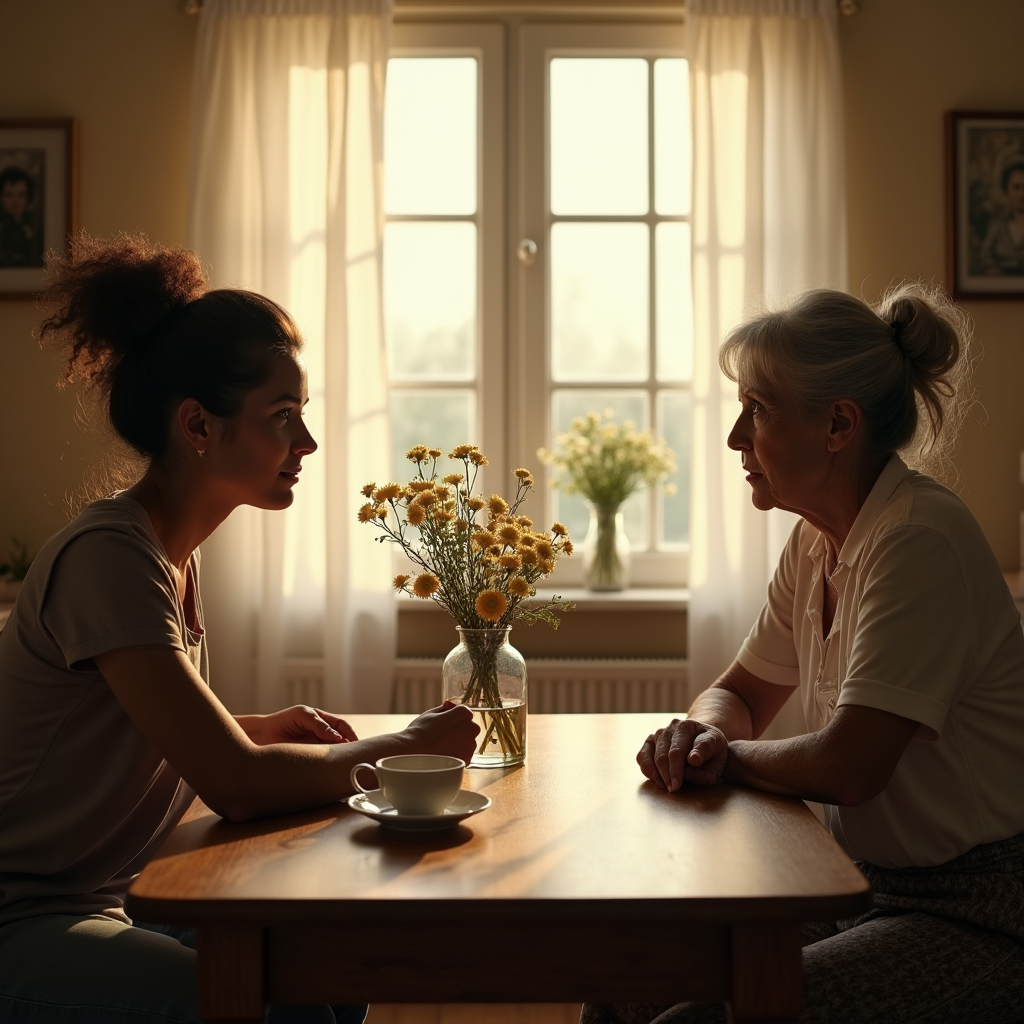 Two women with similar hairstyles sit at a table with flowers, bathed in warm light from a window.