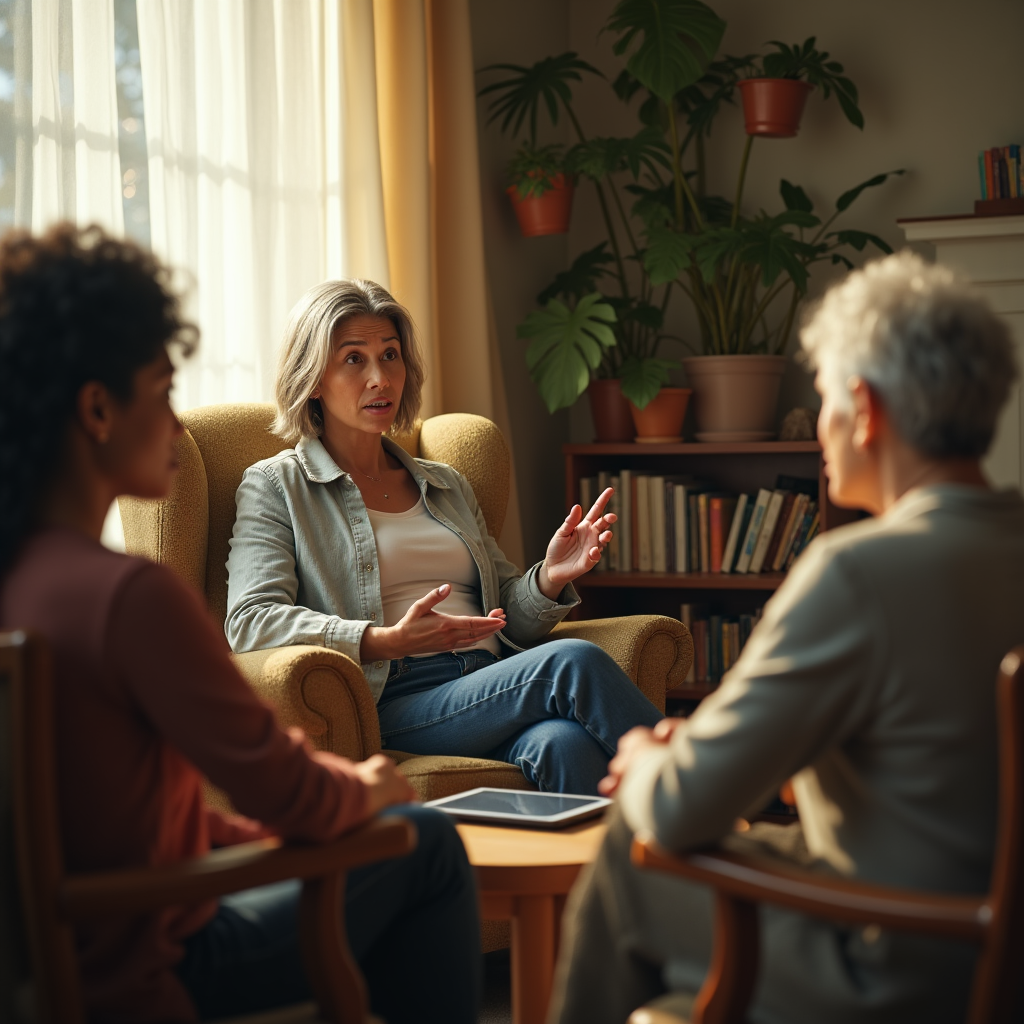 Three people sit in a warmly lit room, engaged in conversation amidst indoor plants and bookshelves.