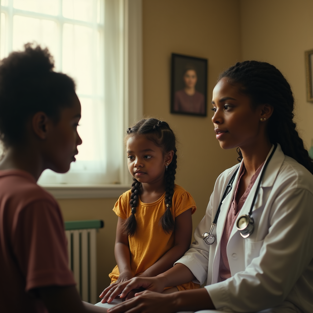 A doctor and a young girl sit with a woman, presumably the girl's mother, in a medical office.