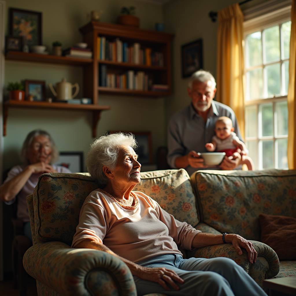 An elderly woman gazes off-camera while a man holds a baby, both bathed in warm window light.