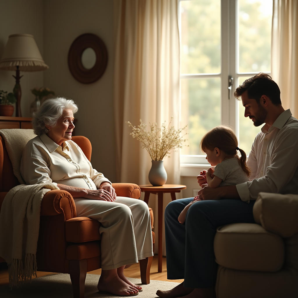 An elderly woman sits across from a man holding a young child near a window with soft light.