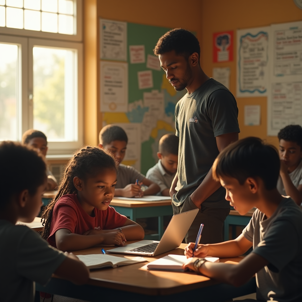 A young man assists two students using a laptop in a brightly lit classroom.