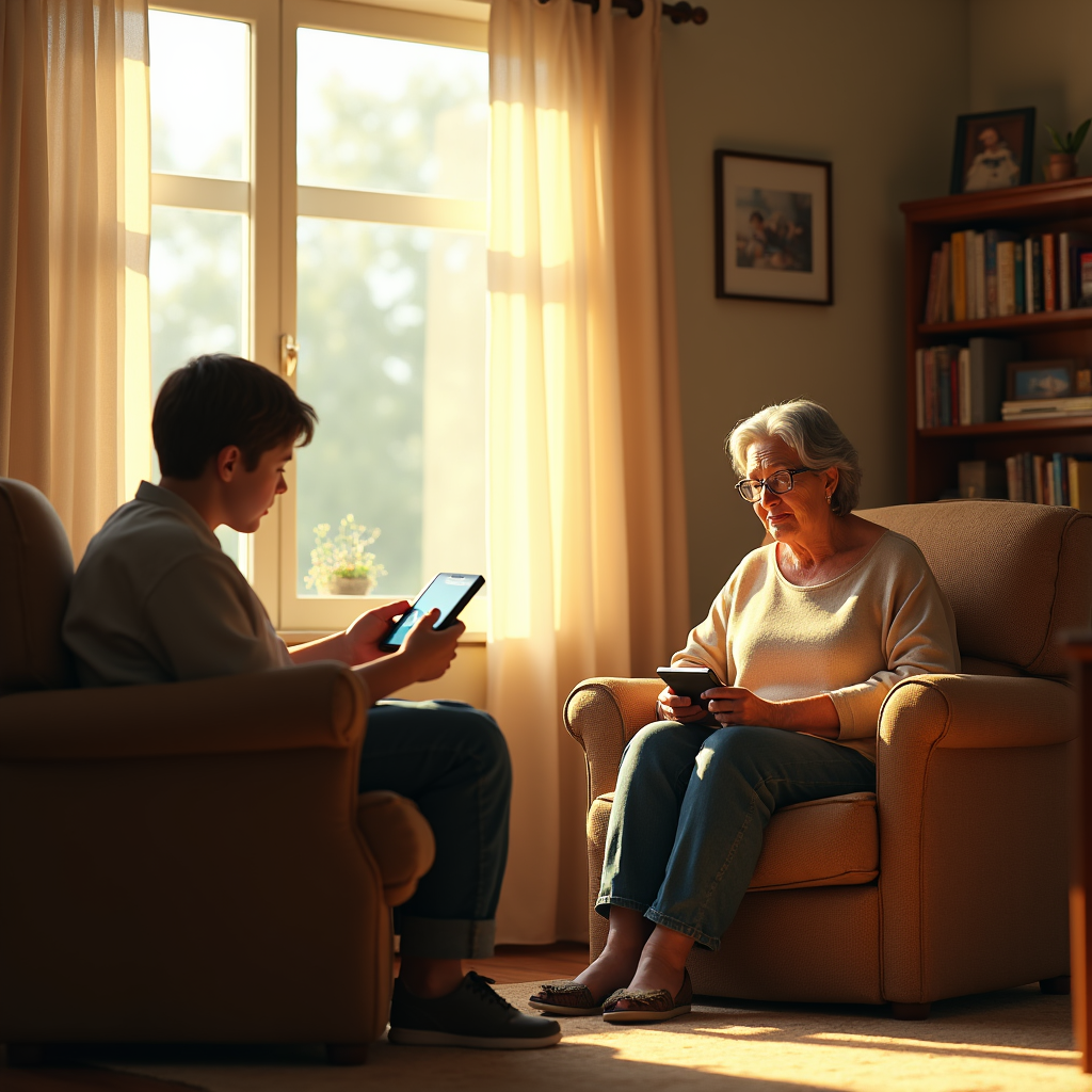 A young man and an elderly woman sit in armchairs, each holding a smartphone, in a sunlit living room.