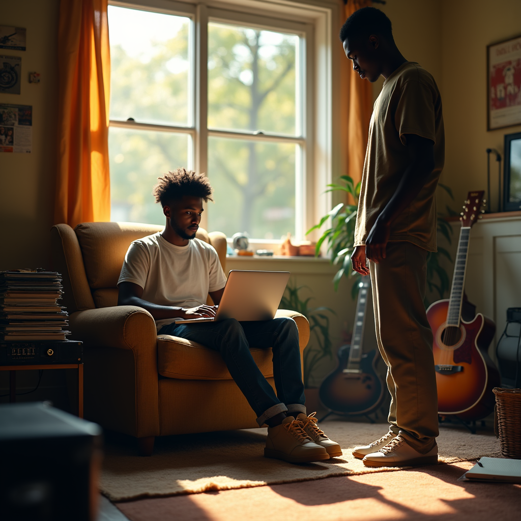 Two men in a music room, one seated with a laptop and the other standing by an acoustic guitar.