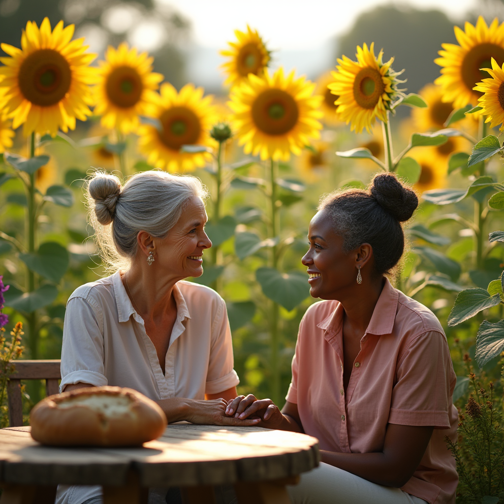 Two smiling women holding hands sit at a table surrounded by tall sunflowers.