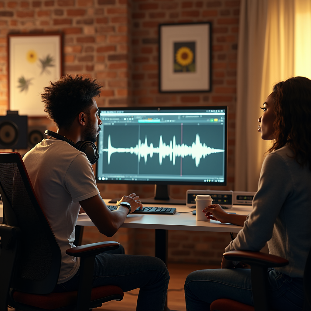 Two people listen to audio waveforms on a computer monitor in a home studio.
