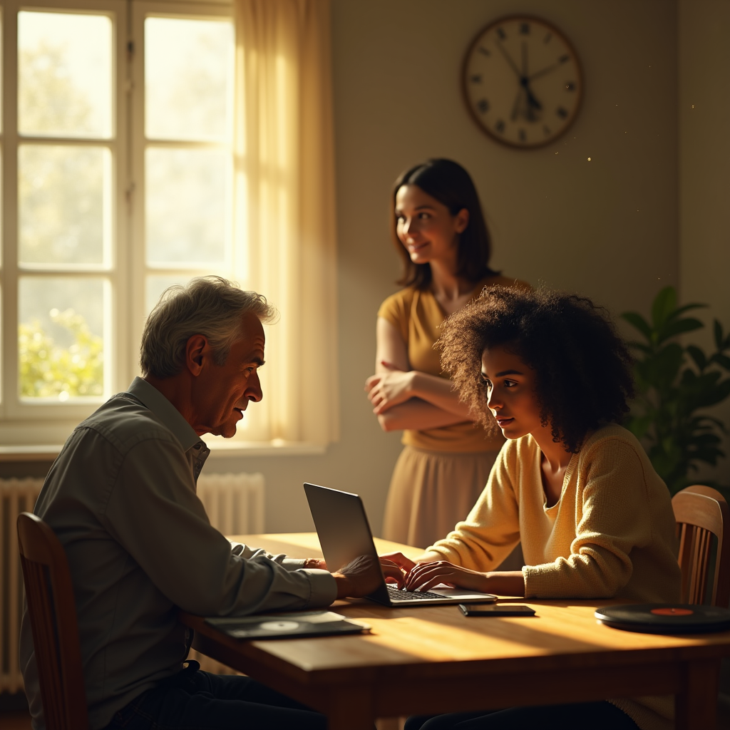 An older man and a young woman look at a laptop on a wooden table, while another woman stands nearby.