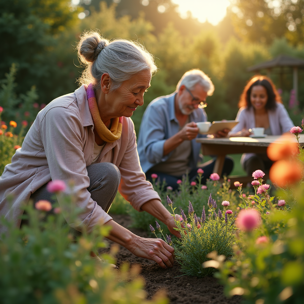An older woman kneels in a flower garden while a multigenerational group relaxes nearby.
