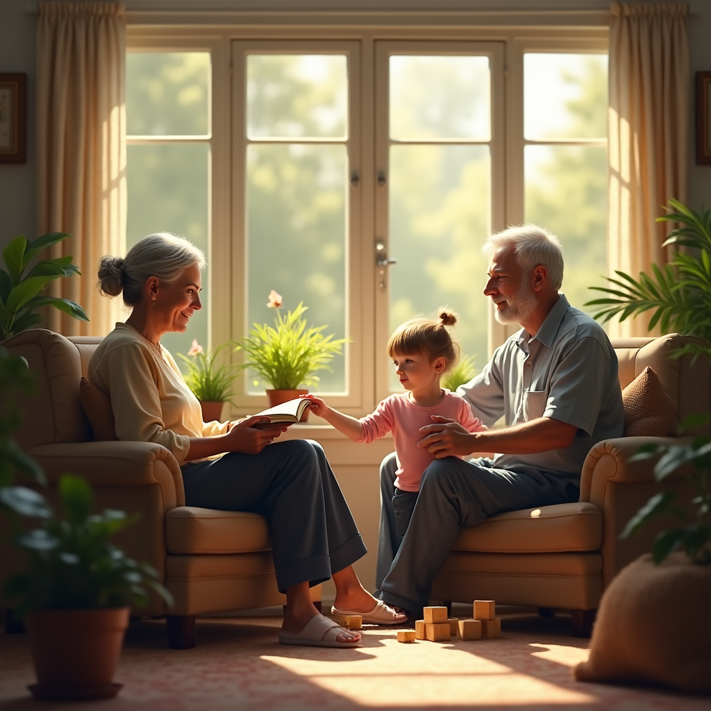 An elderly couple sits on a couch with a young girl, reading a book in a sunlit living room.