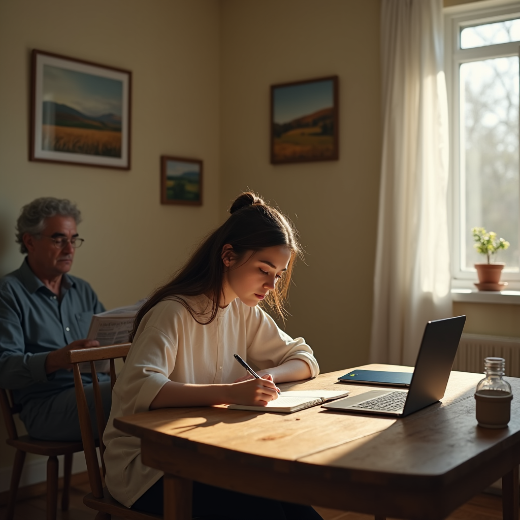 A young woman sits at a wooden table writing, with a laptop and an older man reading nearby.
