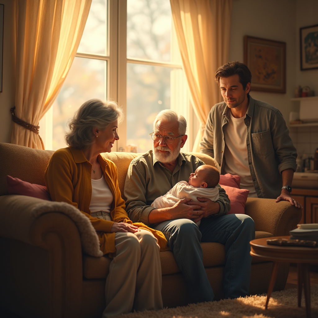 Three generations share a warm moment, with grandparents admiring a baby held by a young man in a sunlit living room.