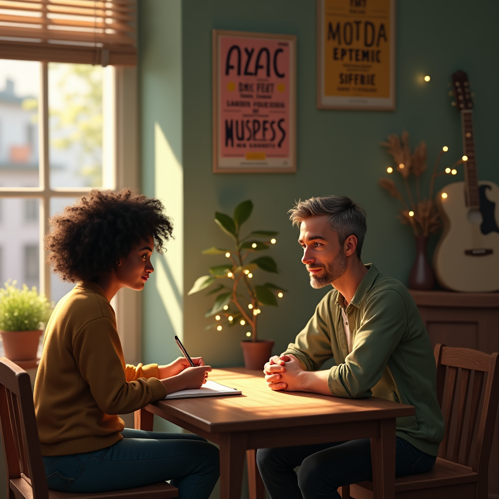 Two people sit across from each other at a wooden table in a warmly lit room with posters and a guitar.