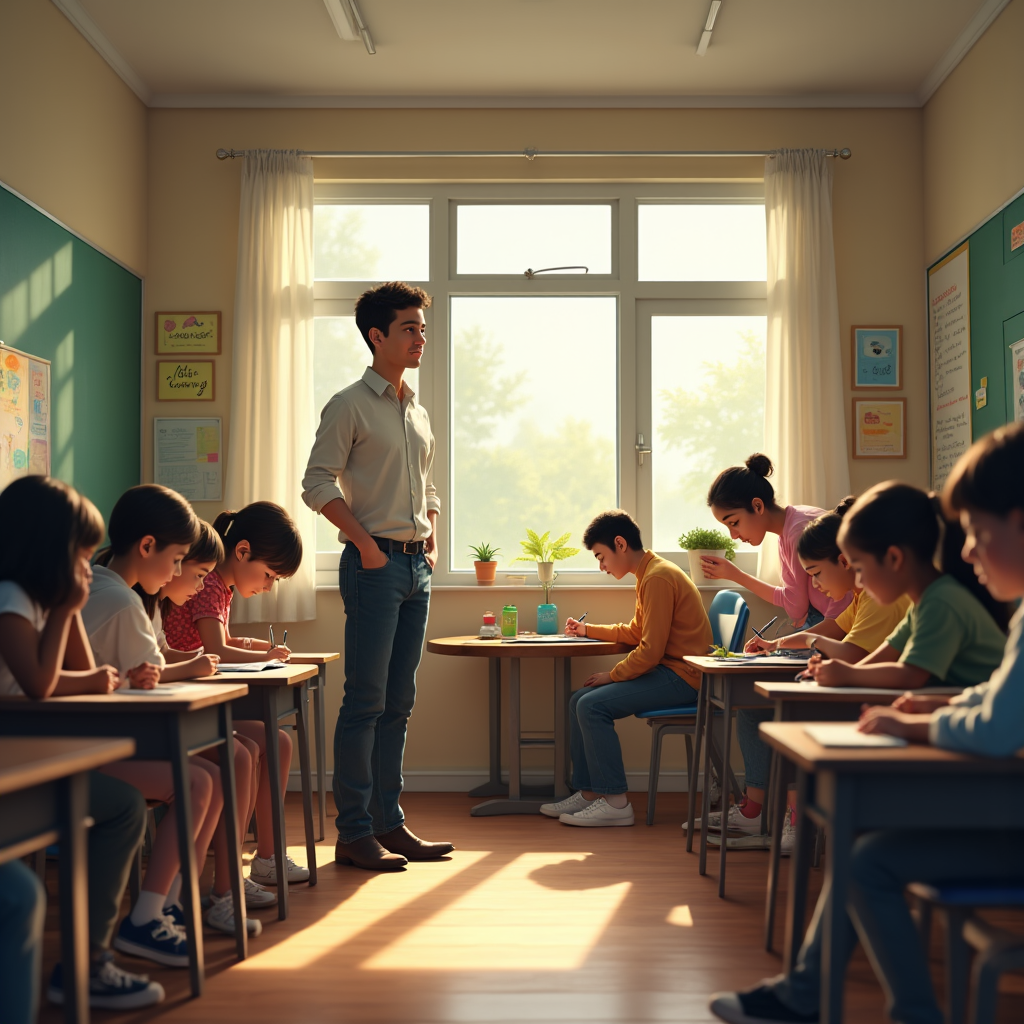 A teacher stands near students seated at desks in a bright, sunlit classroom.