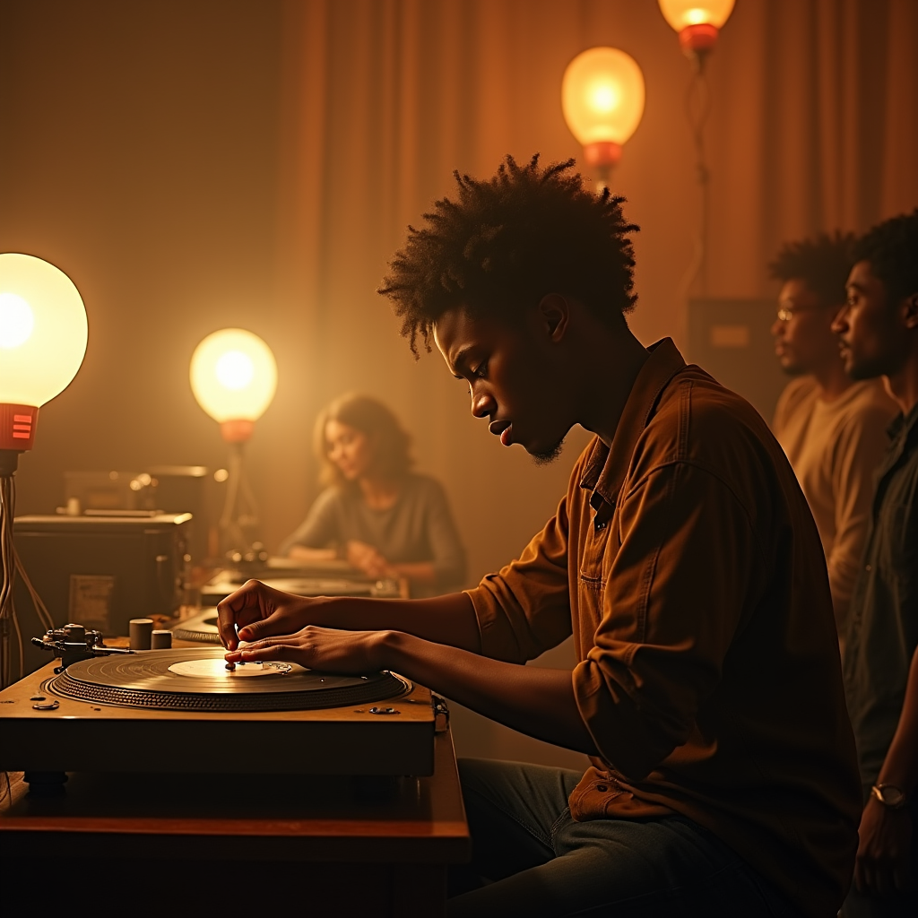 A person adjusts a vinyl record on a turntable while others watch in a warmly lit, intimate room.