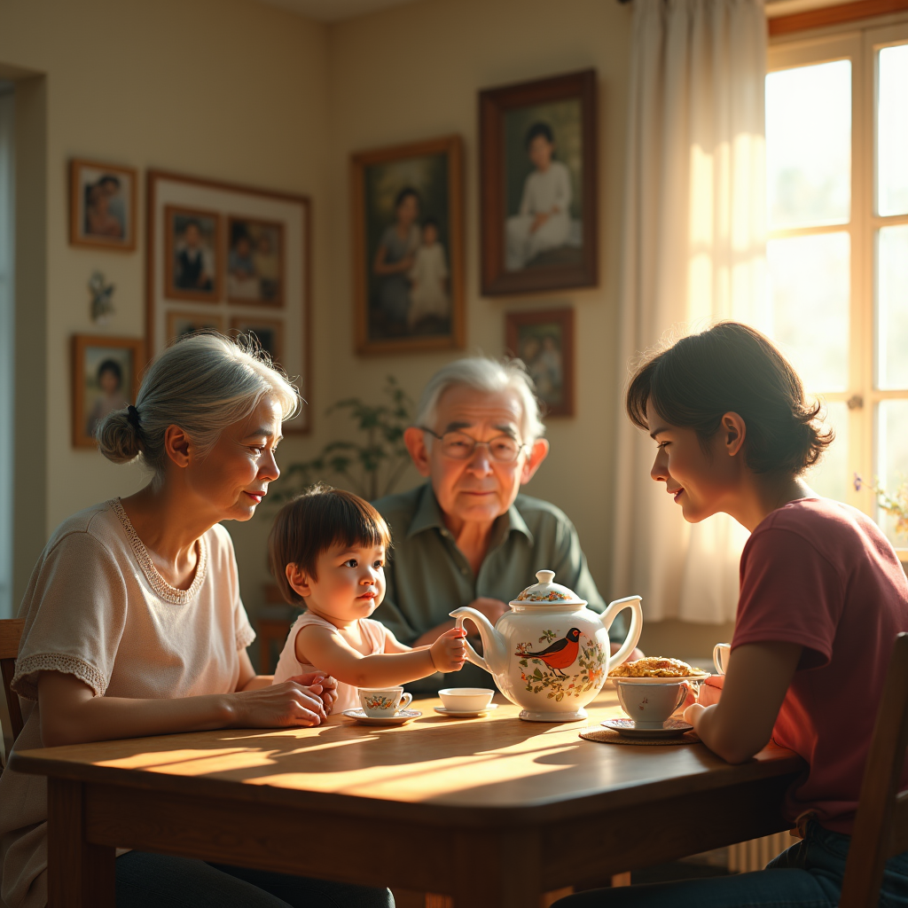 A multigenerational family shares tea around a wooden table in a sunlit room filled with framed portraits.