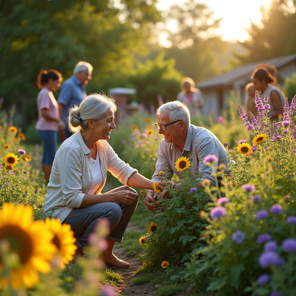 An elderly couple smiles while tending sunflowers and purple flowers in a sunny garden with others in the background.
