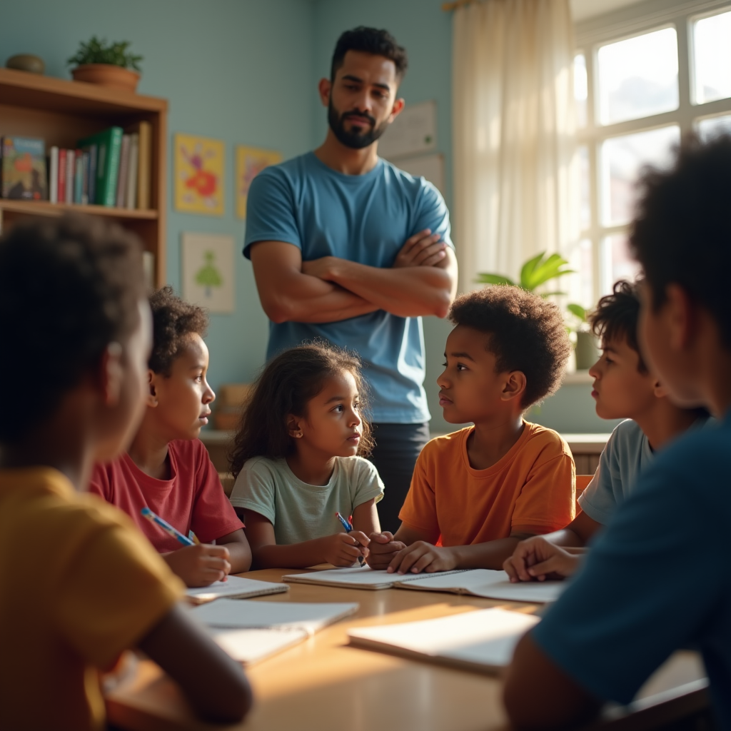 A group of young children sit at a table with an adult, seemingly engaged in a lesson.