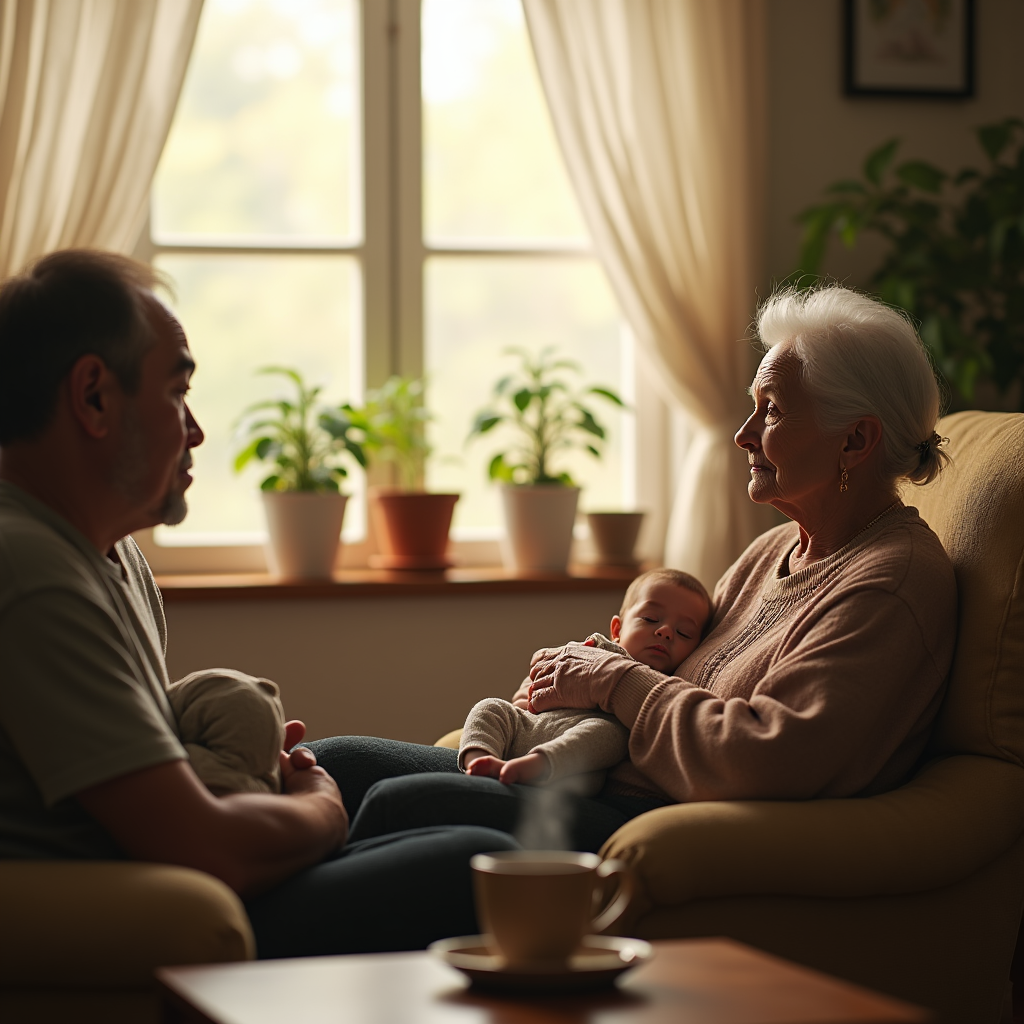 An elderly woman holds a sleeping baby while a man looks on in a warmly lit living room.