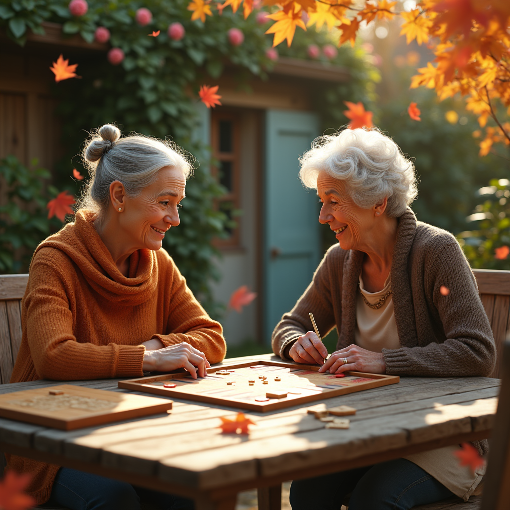 Two elderly women with gray hair laugh while playing a board game outdoors on a sunny autumn day.