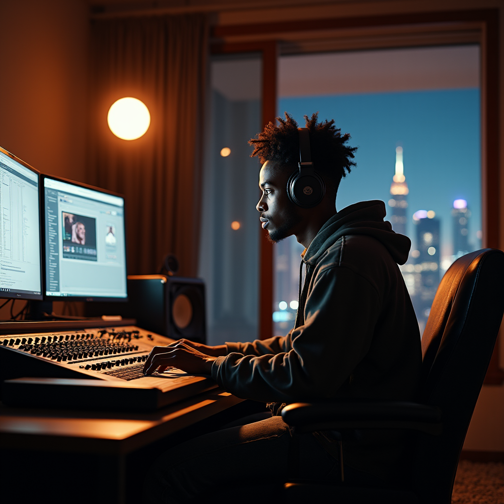 A man with headphones sits at a desk, editing video on two monitors with a city skyline in the background.