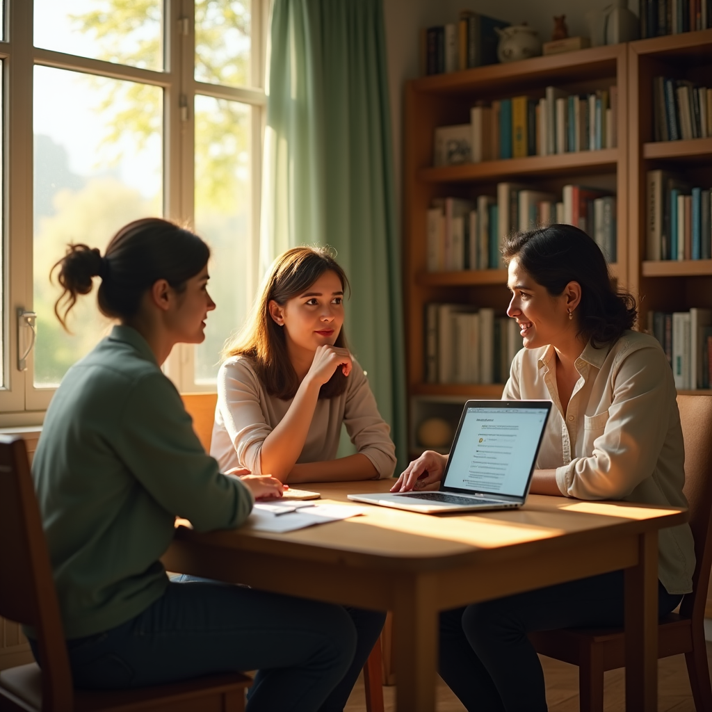 Three women sit around a wooden table with a laptop and papers in a sunlit room filled with bookshelves.
