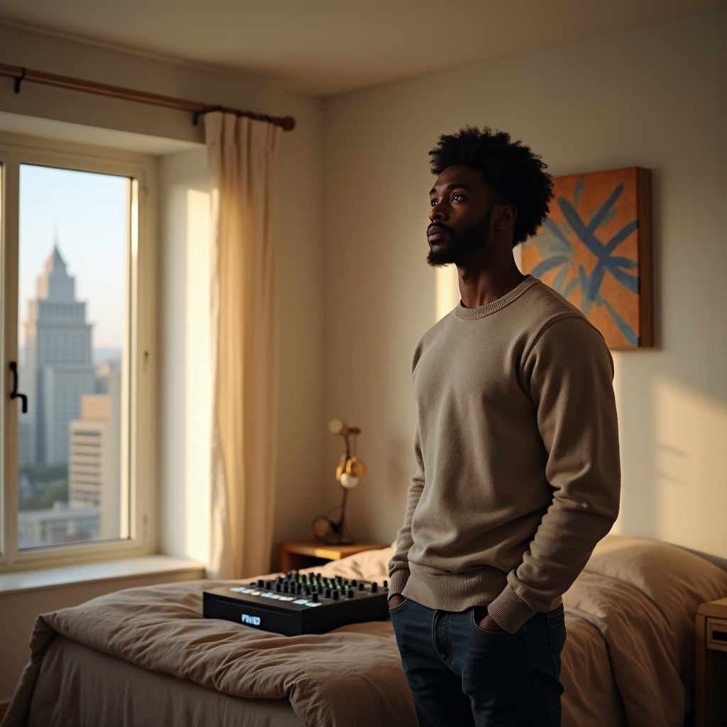 A man stands in a sunlit bedroom looking out a window at a city skyline, with music equipment nearby.