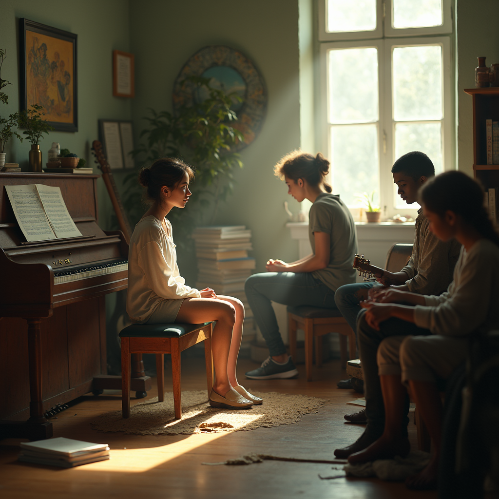 Three children sit in a sunlit music room, one at a piano, the others with instruments.
