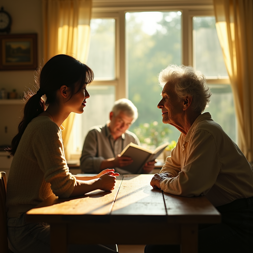 Two women converse across a wooden table, while an elderly man reads in the background, bathed in warm sunlight.